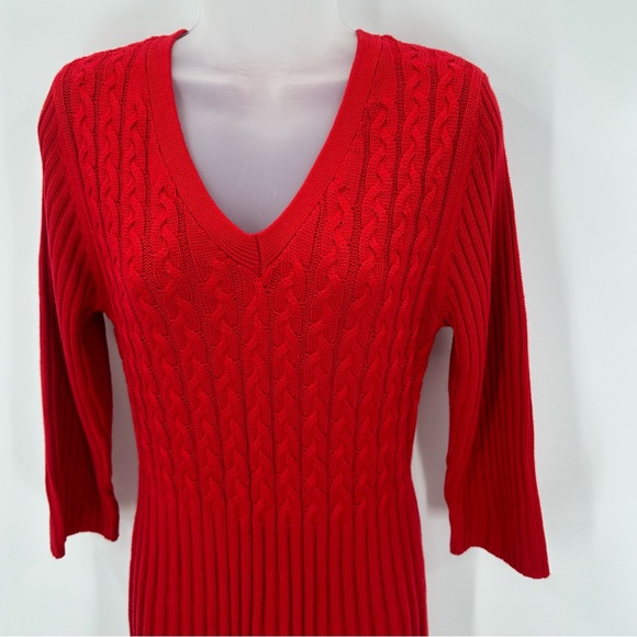 J HOWARD Red Sweater Dress Womens L Ribbed Cable Knit  Fit & Flare 3/4 Sleeves - Picture 2 of 10